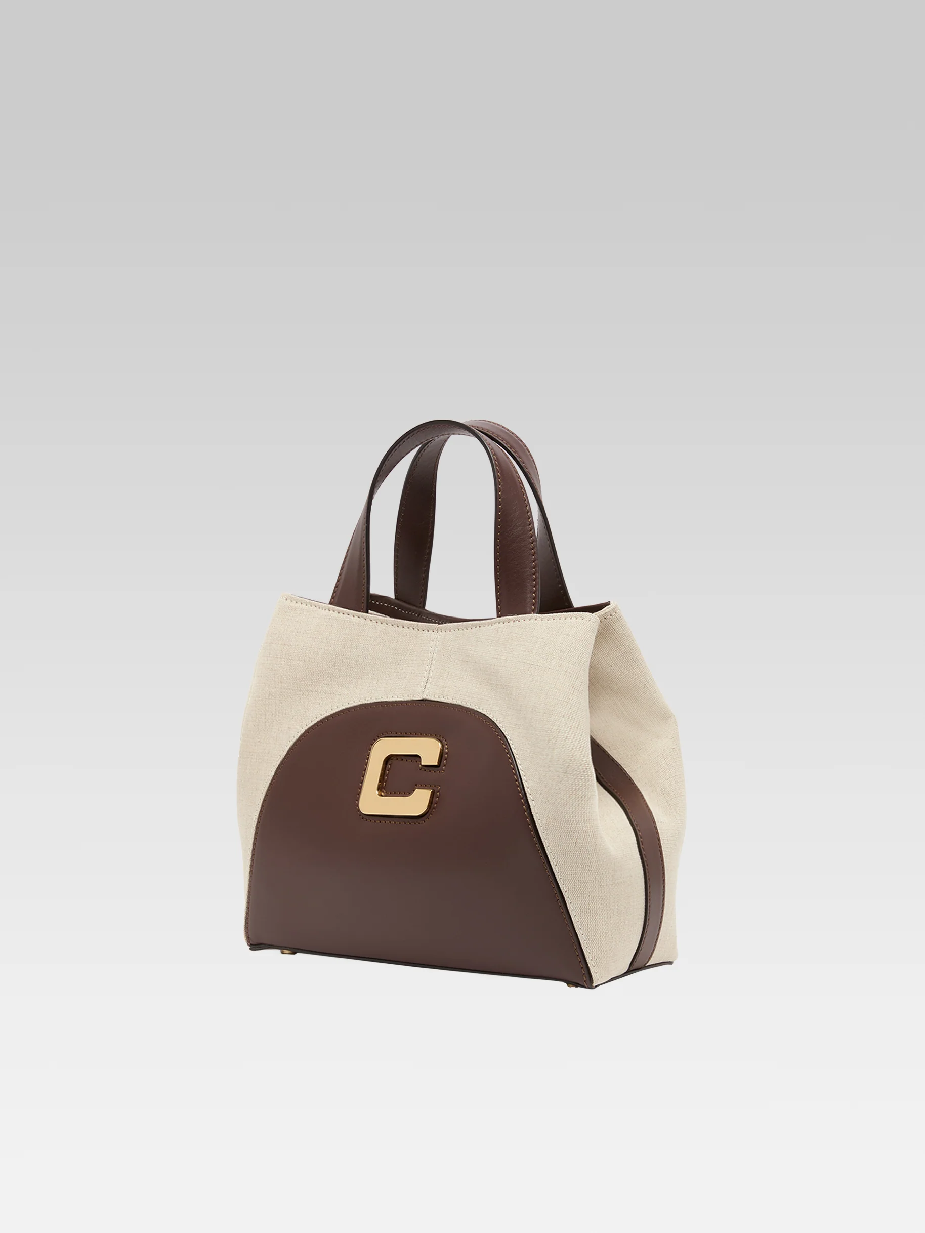 Clem - Mini sac cabas cuir marron et toile beige - Image 4