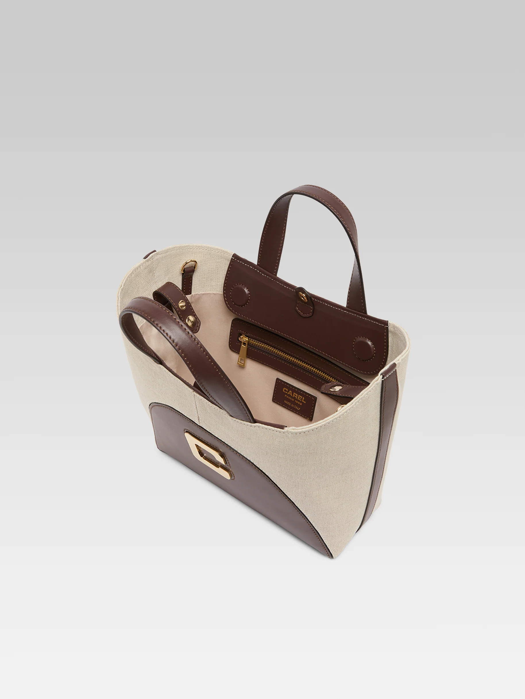 Clem - Mini sac cabas cuir marron et toile beige - Image 5
