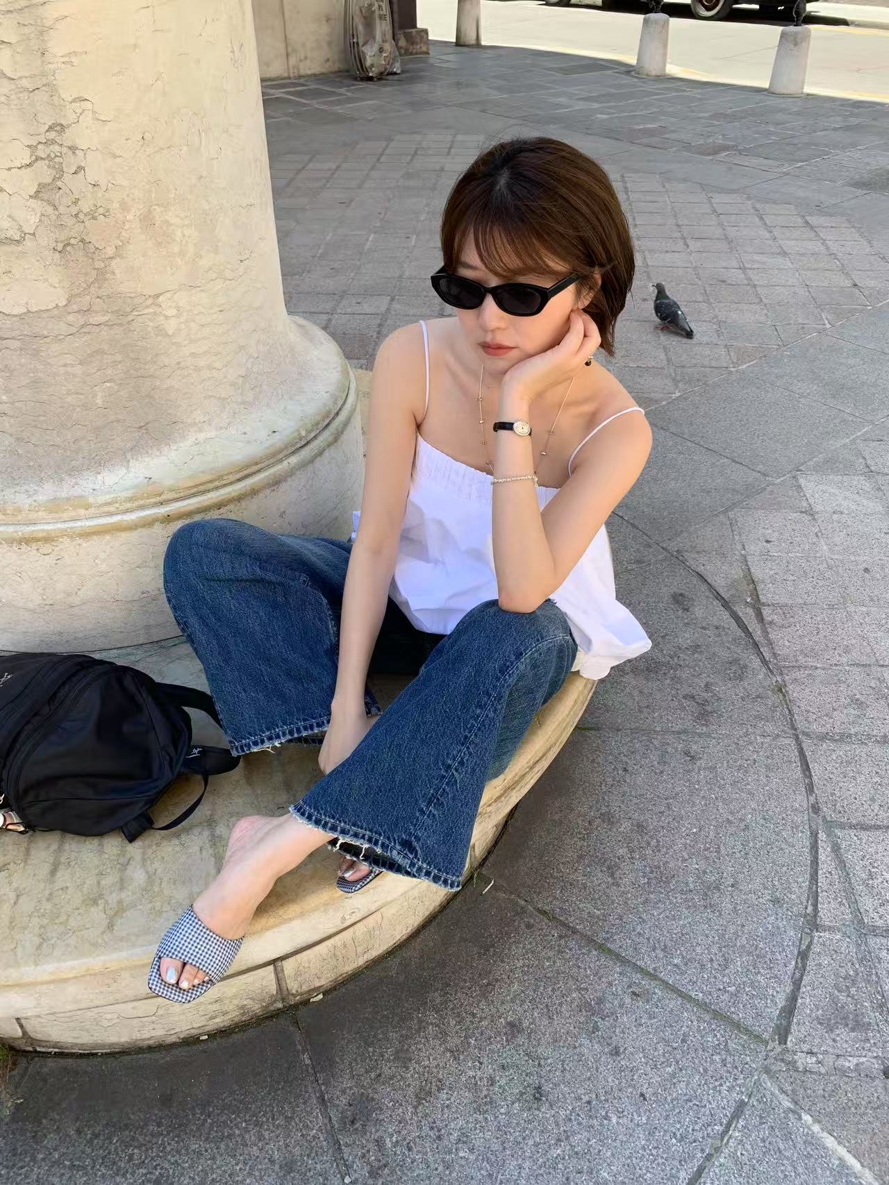 Gina - Mules tissu vichy bleu et blanc - Image 8